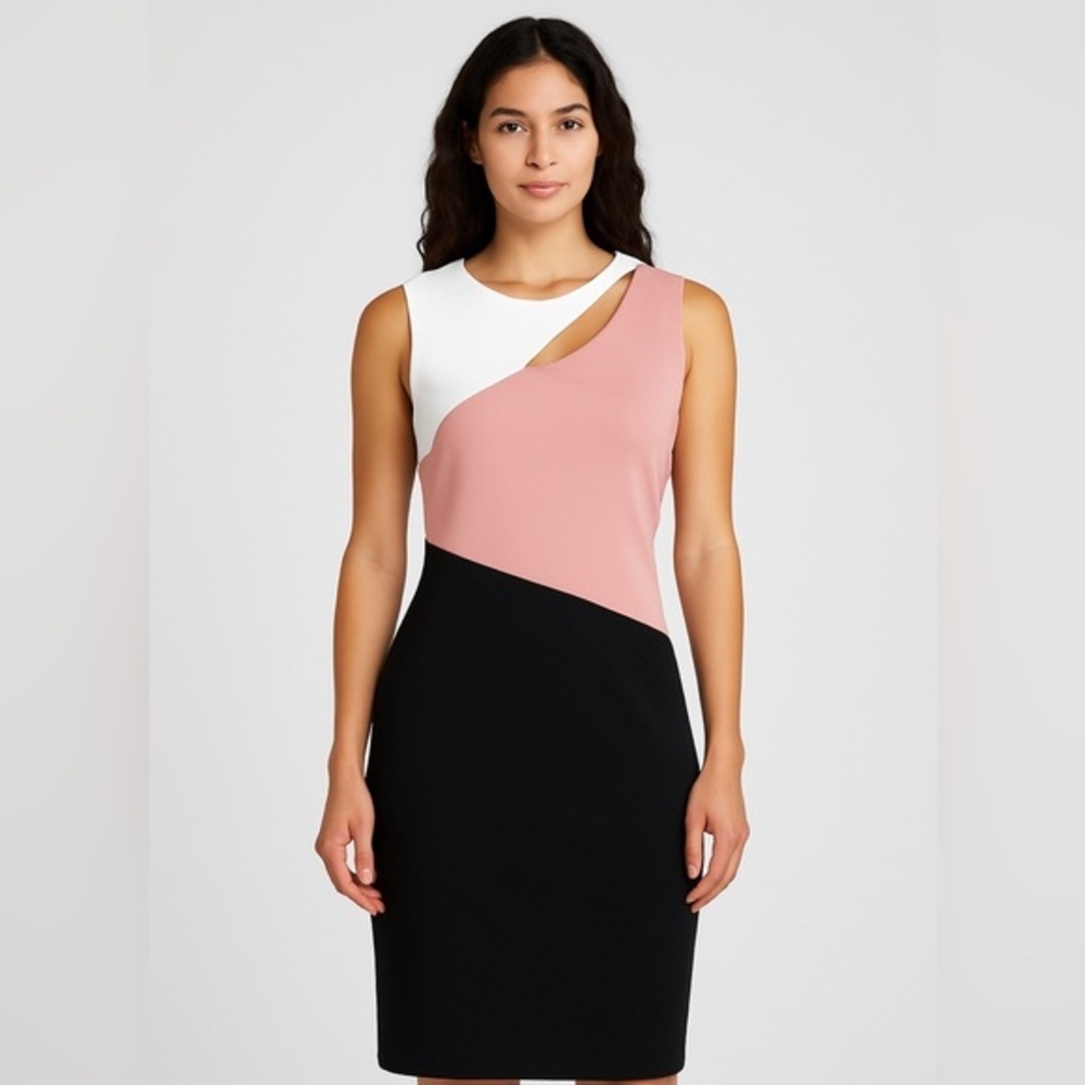 Alexia Admor NY Colorblock Sheath Dress L Cutout Neck Pink White Black